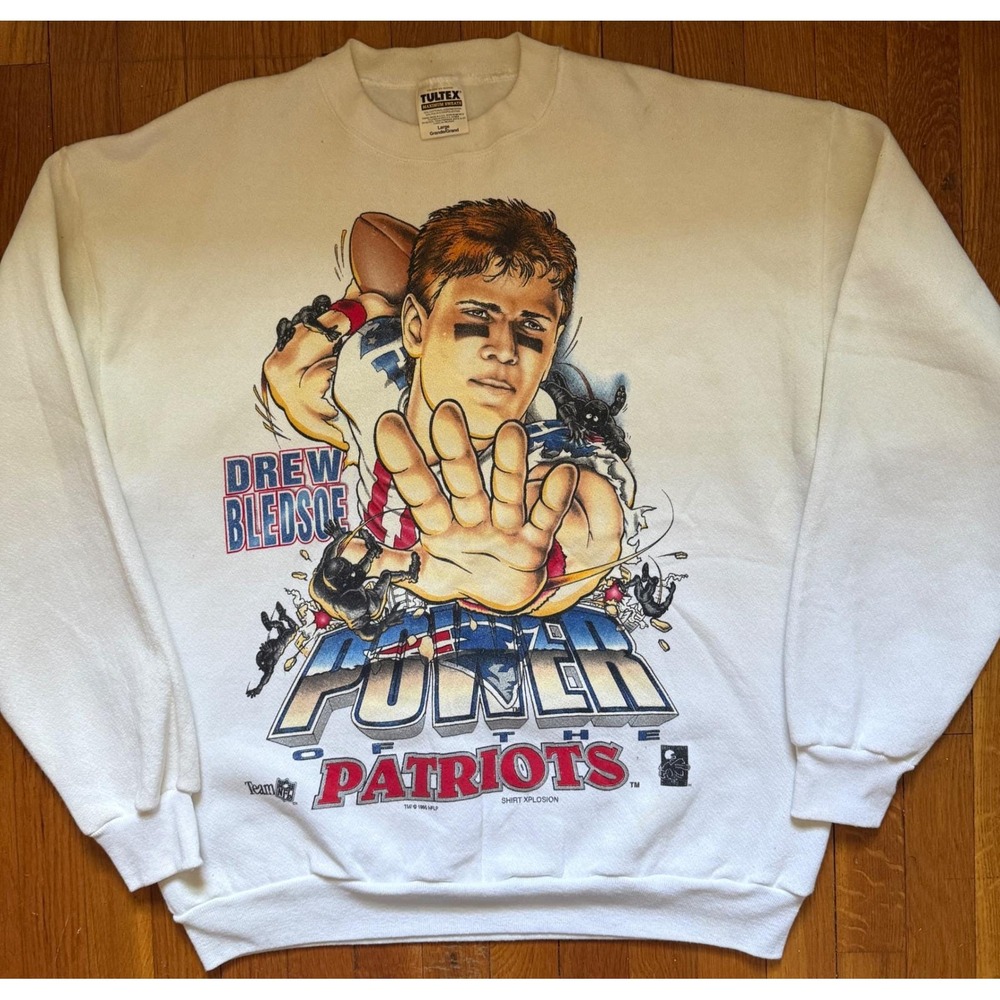 VTG 90s Tultex Drew Bledsoe Patriots Sweatshirt White Large NFL Graphic